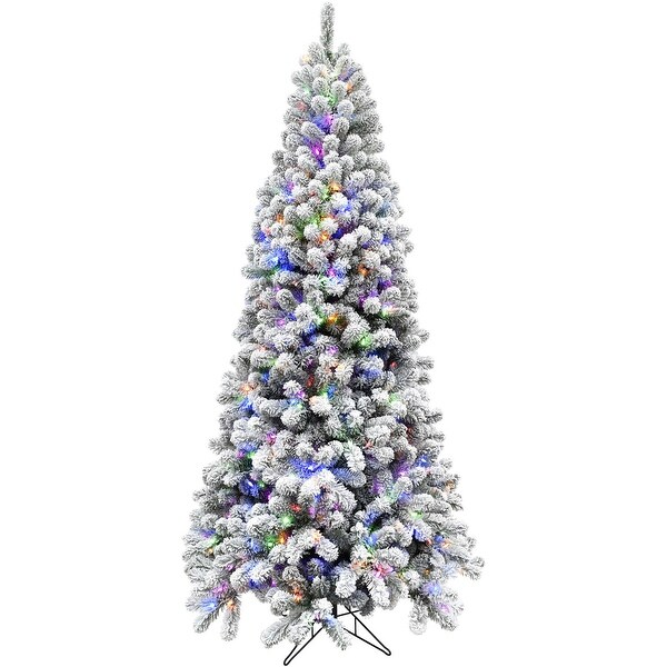 Fraser Hill Farm 12Ft. Flocked Alaskan Pine Christmas Tree with MultiColor LED String Lighting