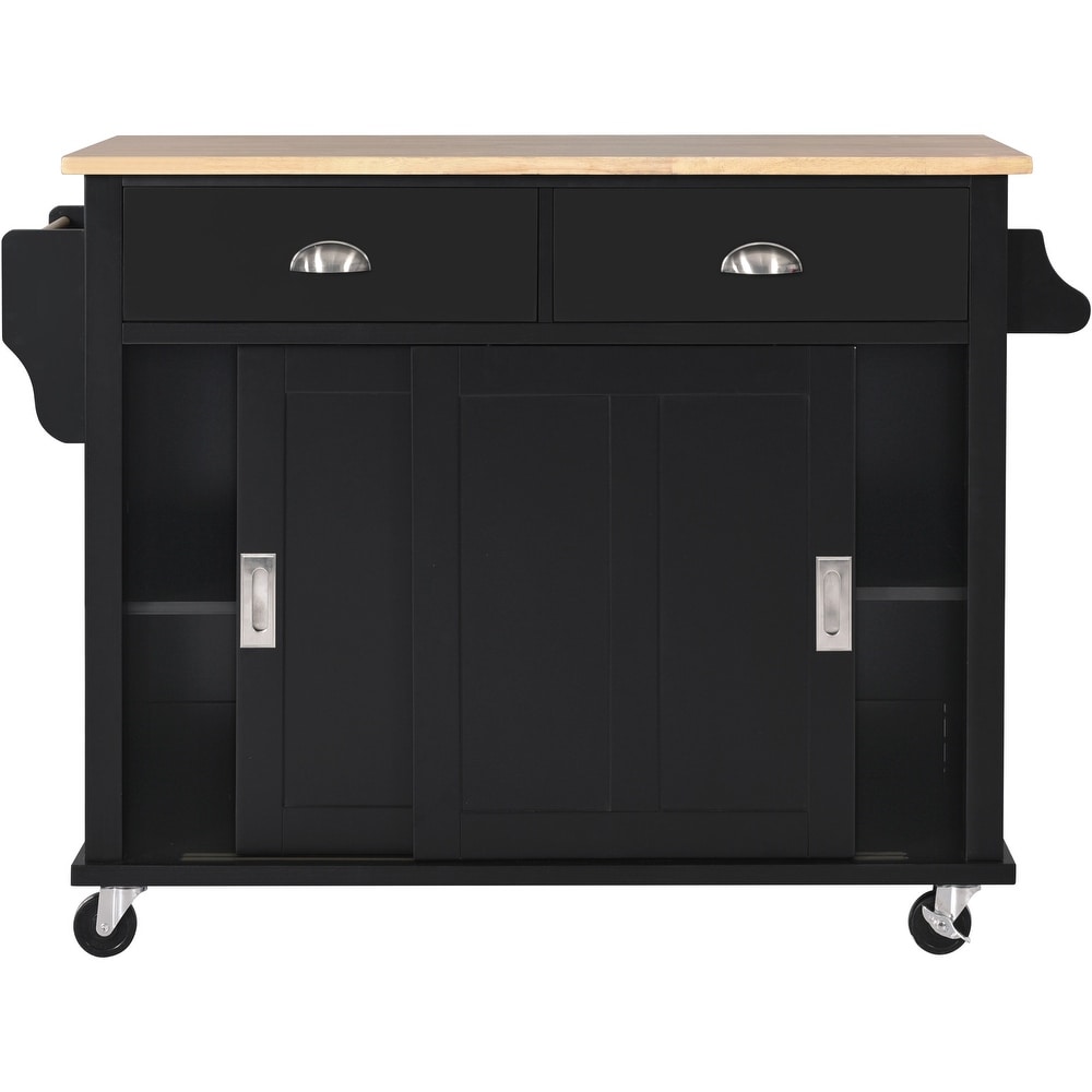 Kitchen Cart with Rubber wood Drop Leaf Countertop  Concealed Sliding Barn Door  Storage Cabinet   2 Drawers for Dinning Room