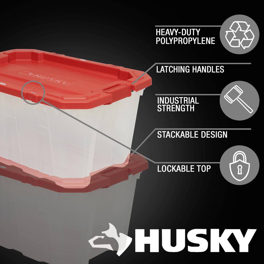 Husky 25 Gal. Latch and Stack Tote in Clear with Red Lid 206234