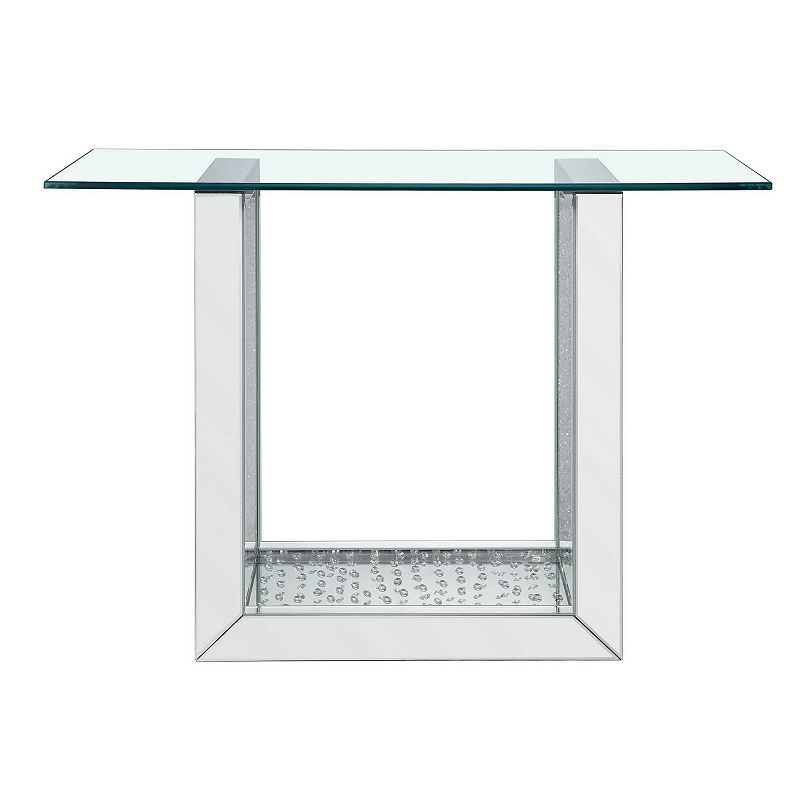 46 Inches Glass Top Console Table with Mirrored Sled Base， Silver