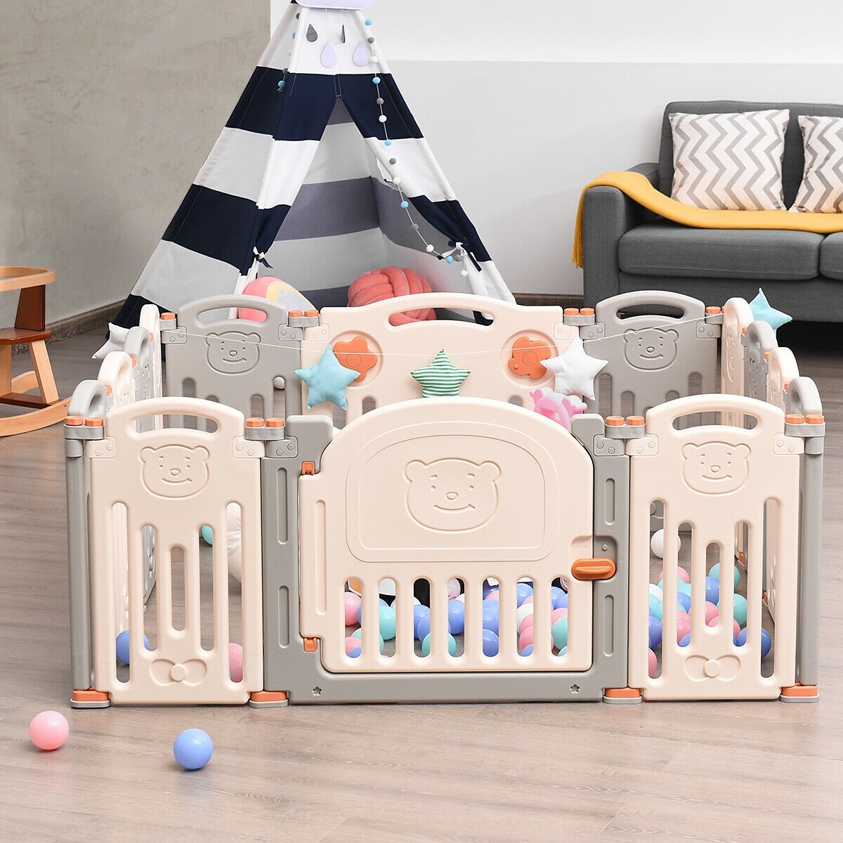 Costzon Baby Playpen, 14-Panel Foldable Kids Safety Activity Center Playard w/Locking Gate (Beige + Gray)