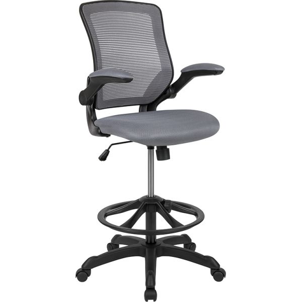 Kale Mid-Back Dark Gray Mesh Ergonomic Drafting Chair with Adjustable Foot Ring and Flip-Up Arms