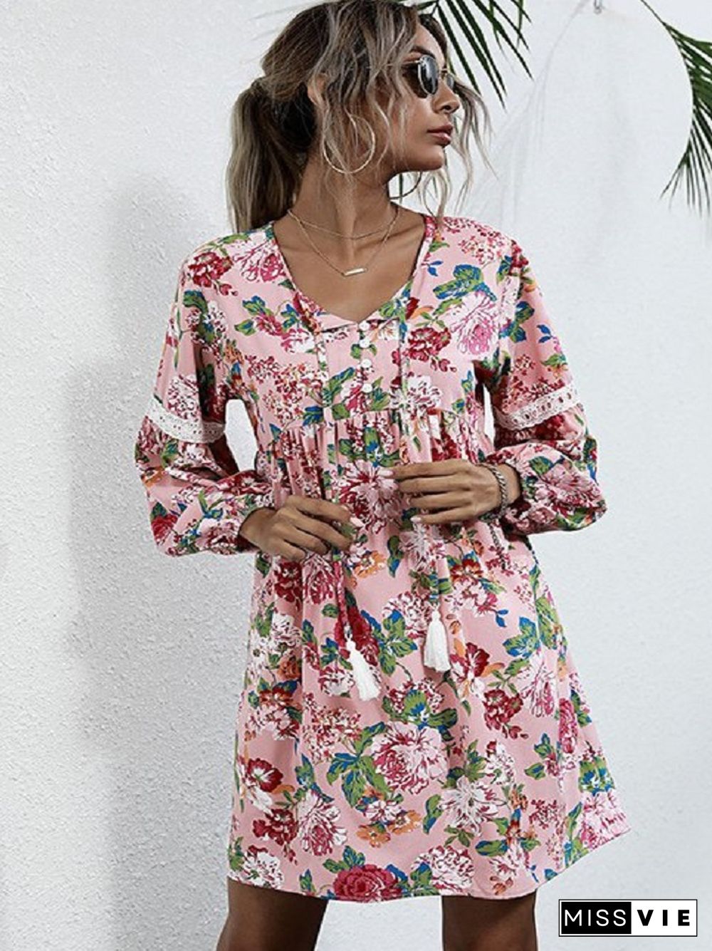 V-neck Printed Long Sleeve Dress