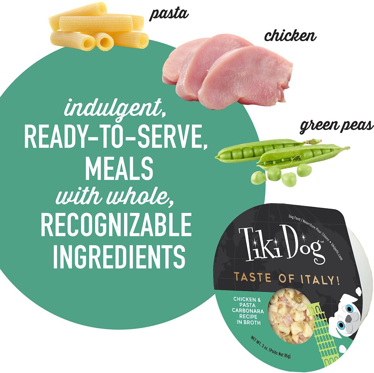 Tiki Dog Taste of Italy Chicken， Pasta and Carbonara Recipe in Broth Wet Dog Food， 3-oz cup， case of 4