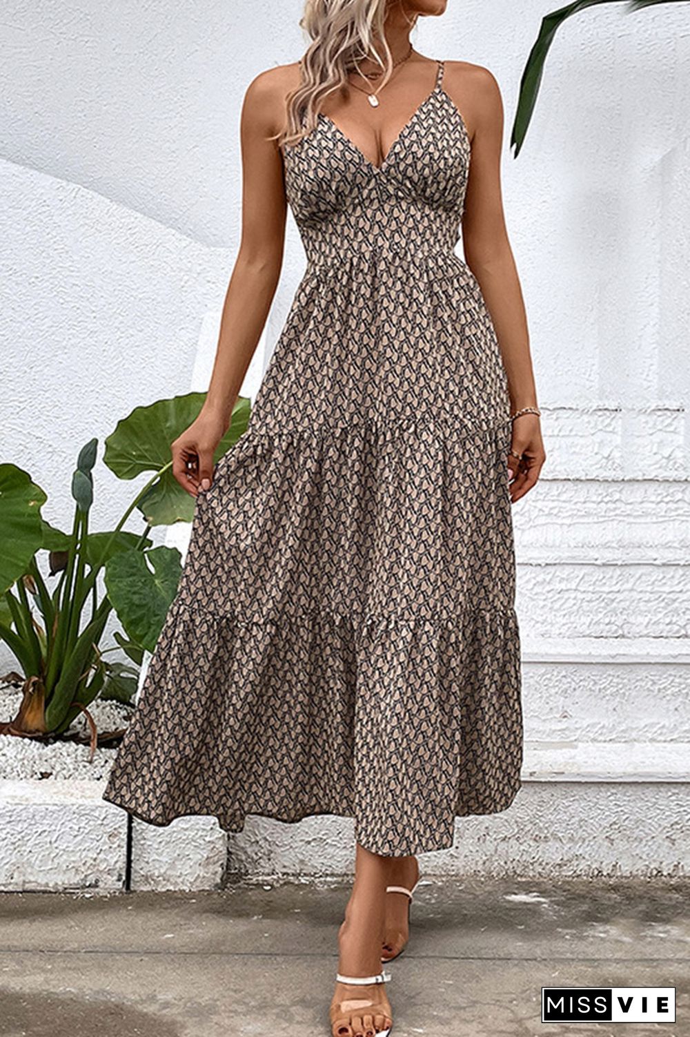 Khaki Printed V Neck Spaghetti Strap Maxi Dress