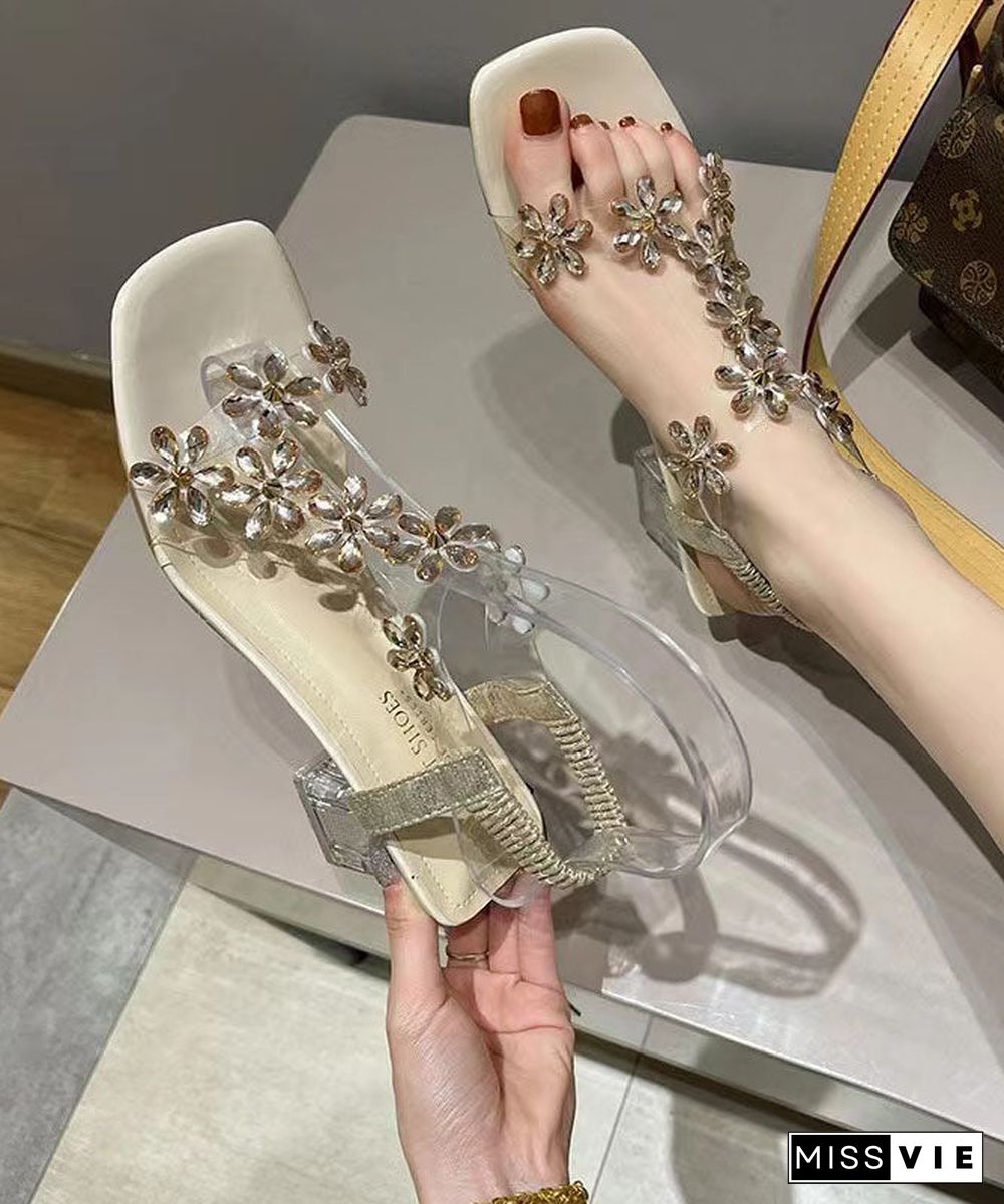 Beige Floral Crystal Splicing Chunky Heel Sandals Peep Toe