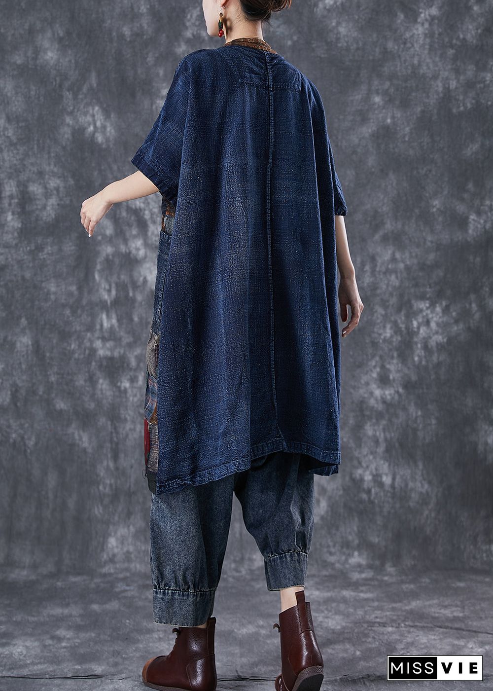 Art Navy Oversized Patchwork Chinese Button Denim Cardigans Summer