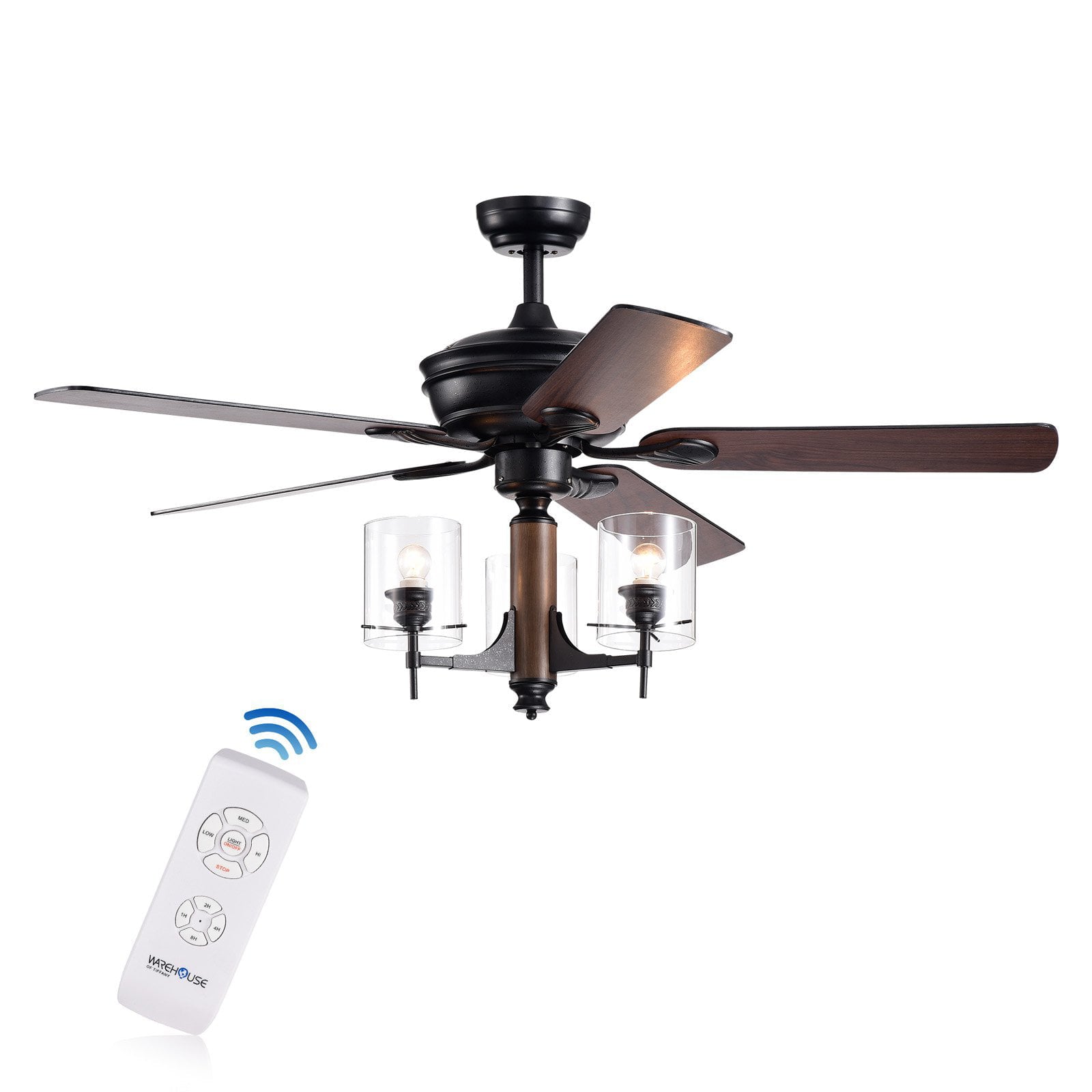 Saranac 5-Blade 52-Inch Forged Black Lighted Ceiling Fans with Clear Pillar Glass Lamps (Remote Controlled)