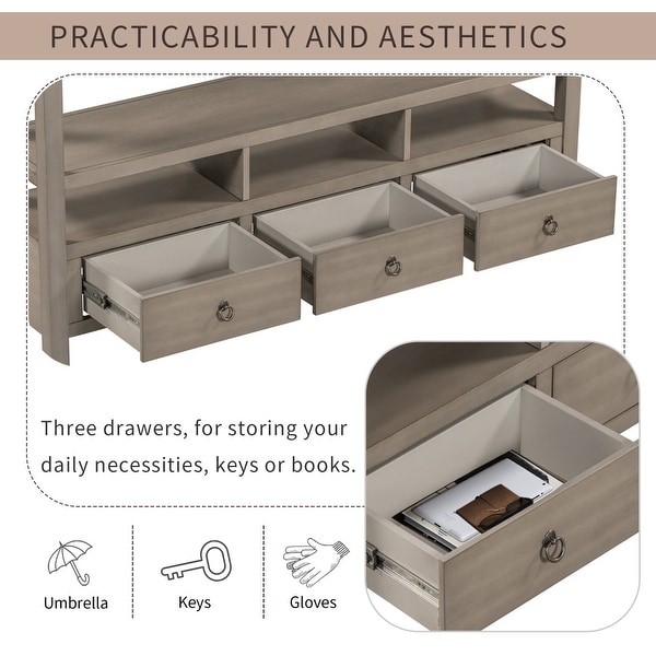 Solid Console Table Double-Storey Tabletop with 3 Drawers