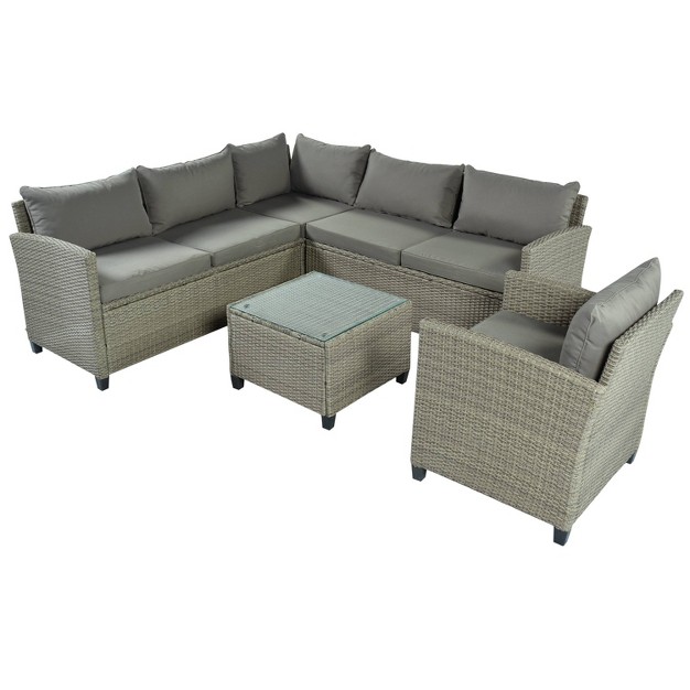 5pc Outdoor Wicker Conversation Set With Loveseats Sofa Arm Chair amp Coffee Table Gray Godeer