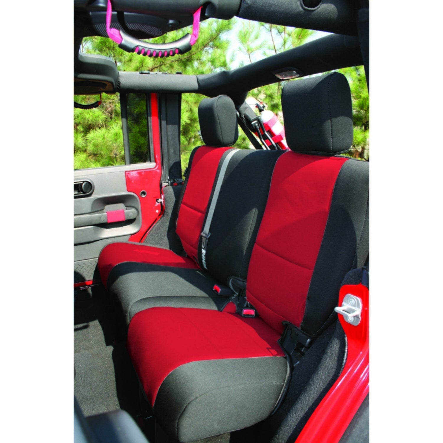 Rugged Ridge 13264.53 Seat Cover， Rear， Neoprene Black/Red; 07-18 Jeep Wrangler JKU