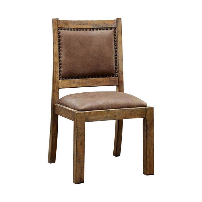 Rustic Wood Dining Chair， Vegan Faux Leather， Nailhead Trim， Set of 2，Brown