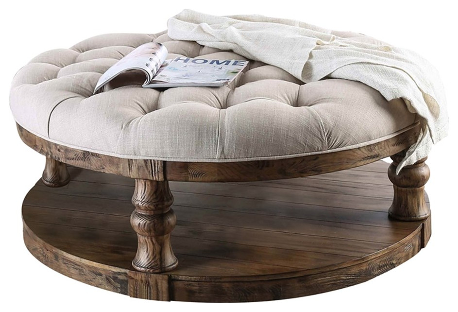 Bowery Hill Rustic Wood Round Tufted Coffee Table in Antique Oak   Farmhouse   Coffee Tables   by Homesquare  Houzz