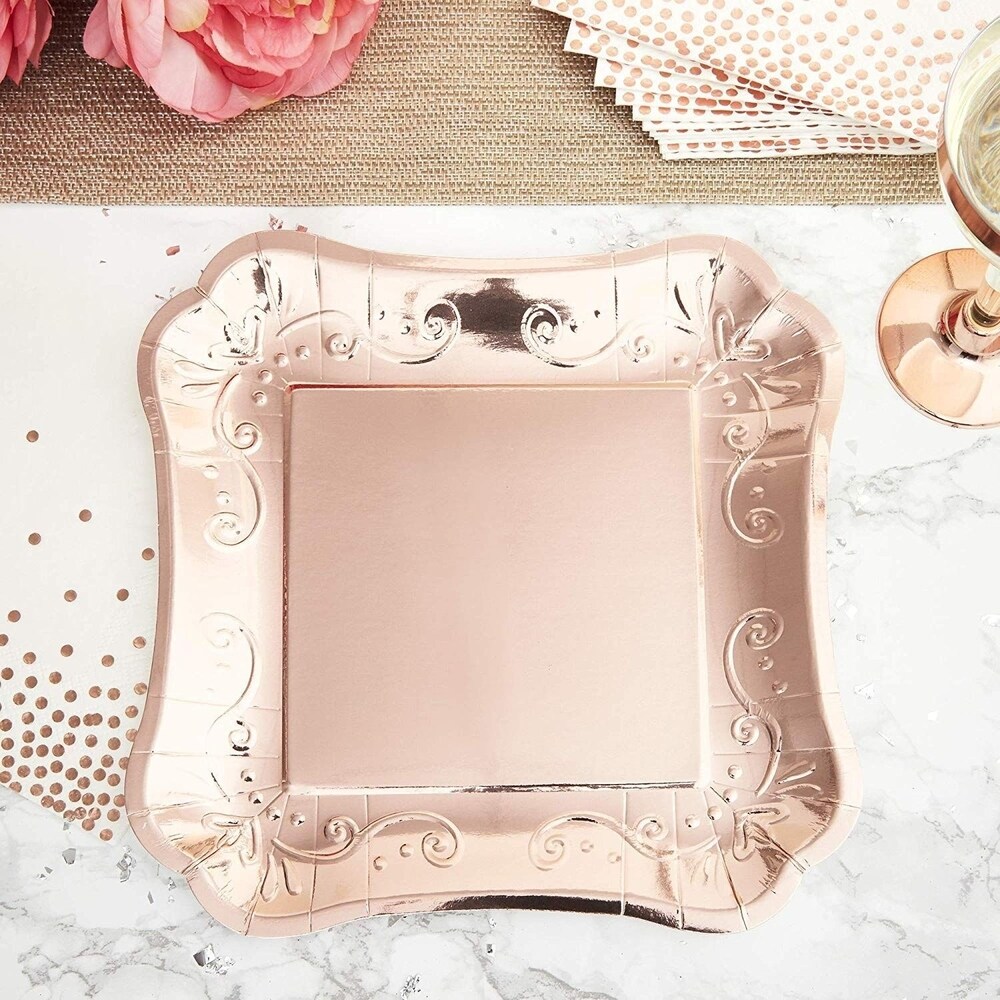 48x Square Rose Gold Paper Party Dinner Plates for Wedding Bridal Shower 9\