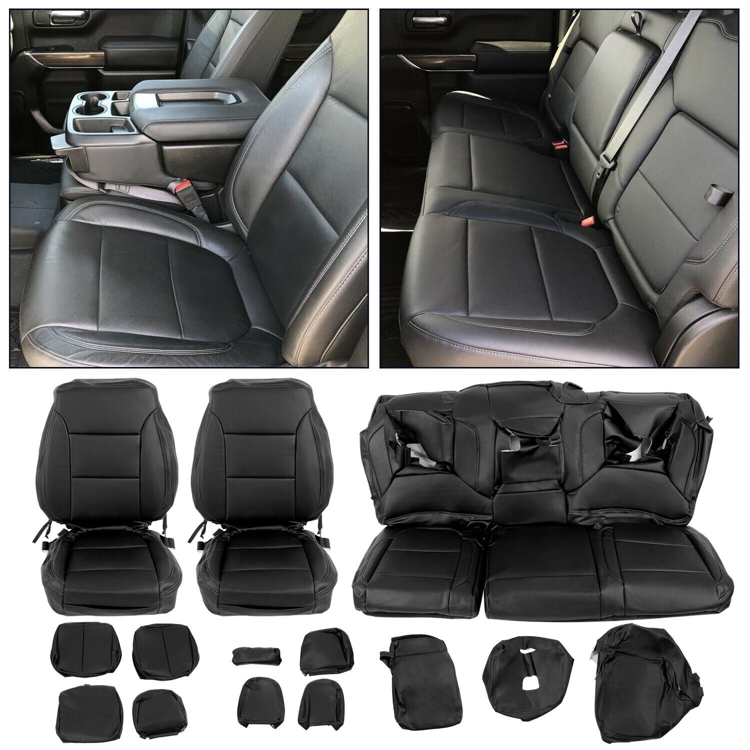 KOJEM Seat Covers Set Compatible with 2019-2023 Chevrolet Silverado GMC Sierra Crew Cab Black LT WT RST Factory Style Synthetic Leather