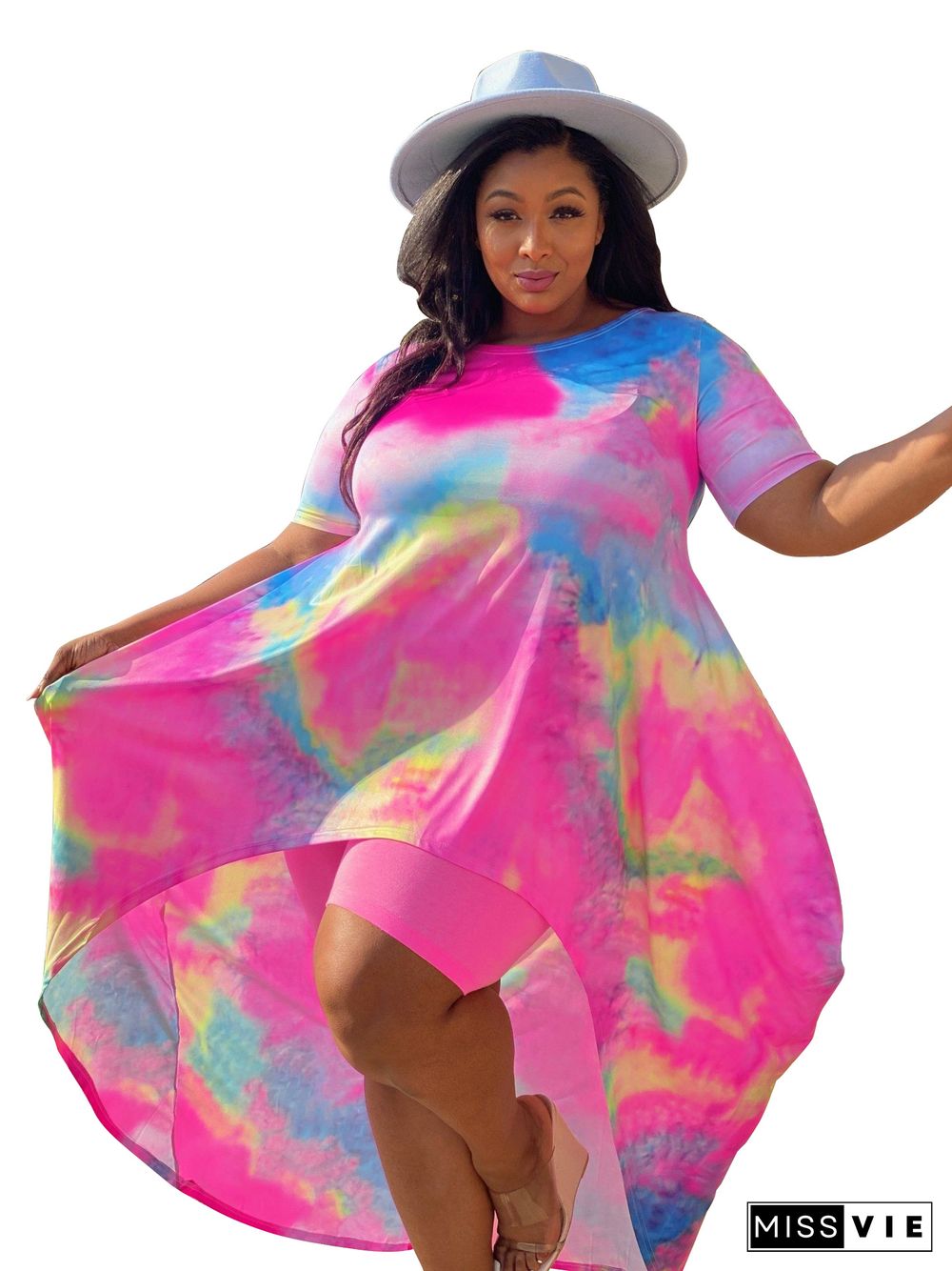 Plus Size Fashion Tie Dye Print Women Clothing Short Sleeve Irregular Loose Long Top Biker Shorts 2 Piece Set