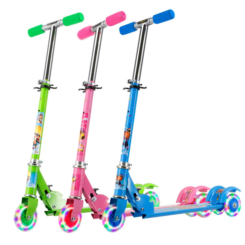 Child three wheel scooter sliding block with shock absorbing brake flash wheel foldable lifting scooter bike pedal slide tackle