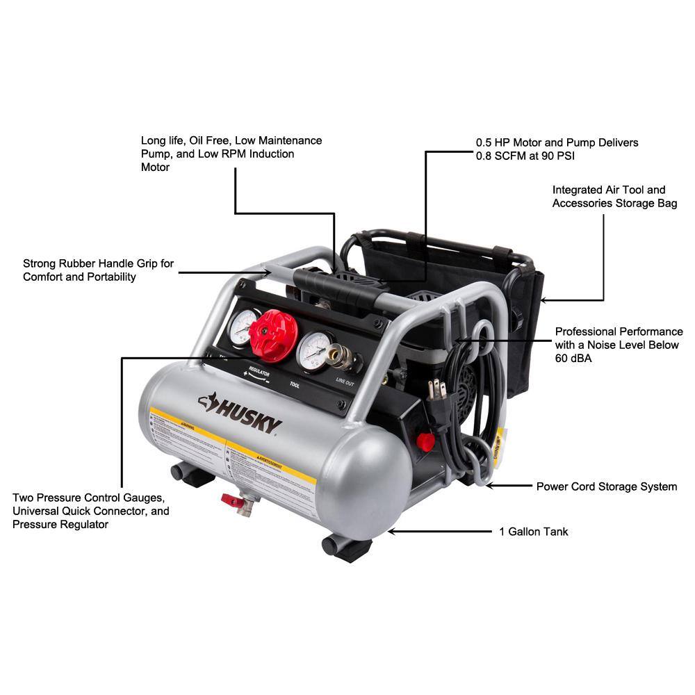 Husky 1 Gal. Portable Electric-Powered Silent Air Compressor 3300113