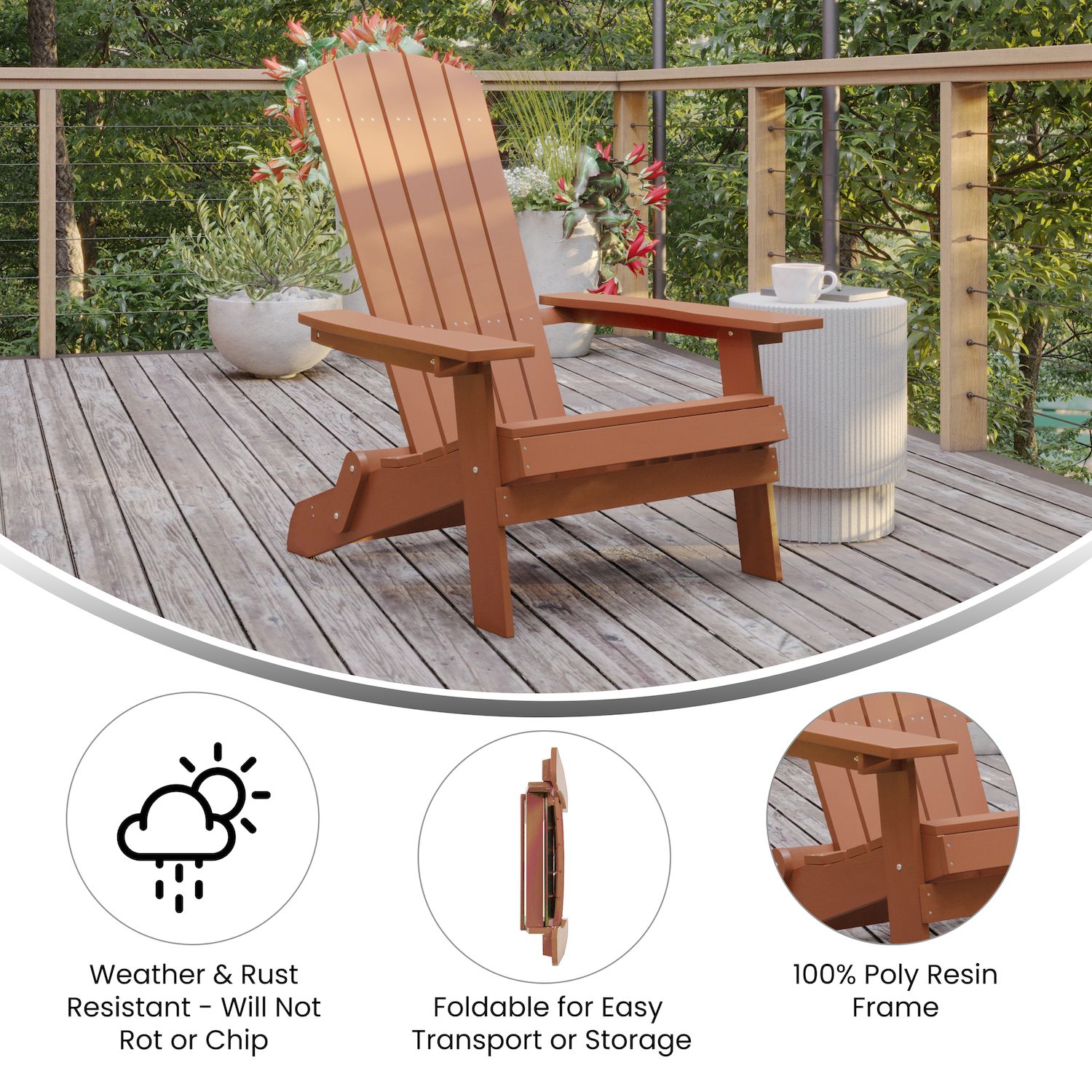 Merrick Lane Riviera Poly Resin Folding Adirondack Lounge Chair - All-Weather Indoor/Outdoor Patio Chair