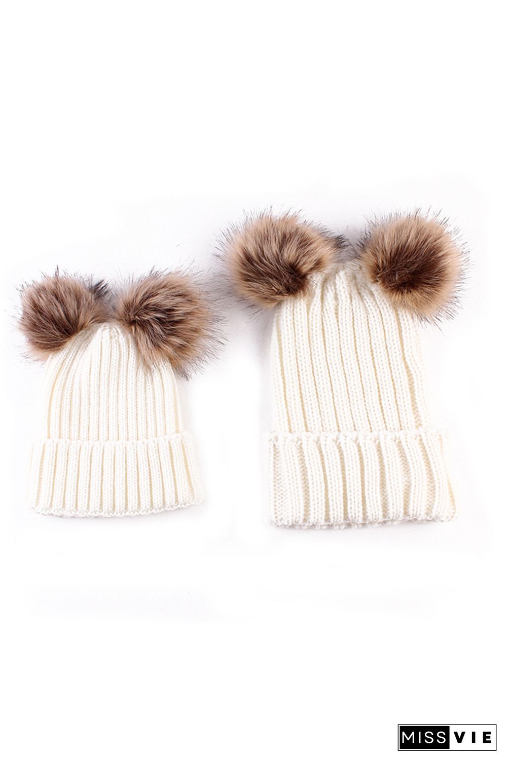 Parent-child Solid Double Wool Ball Knitted Hat 2pcs Set Wholesale MOQ3pcs