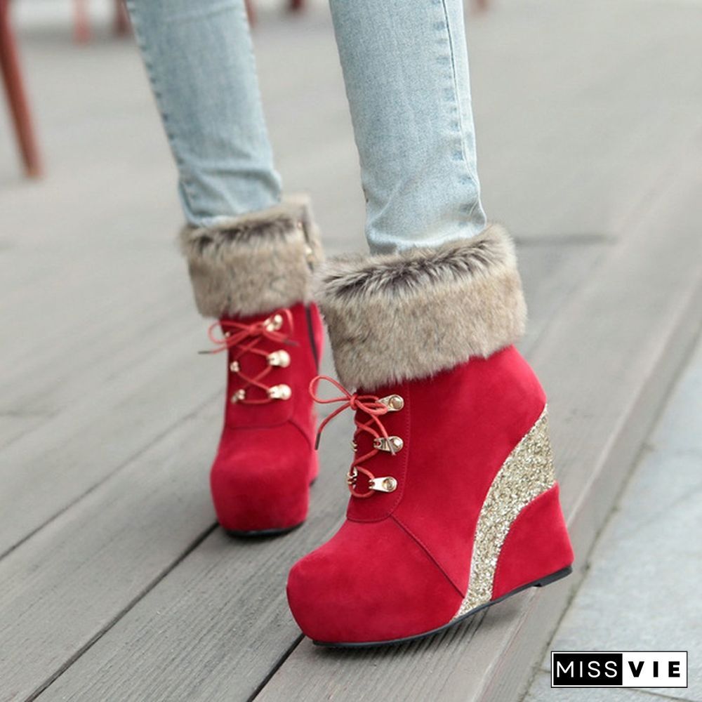 New Sexy Winter Boots Wedges Shoes Ankle Boots Women Warm Boots Lace Up Platform High Heels Snow Boots Shoes Woman