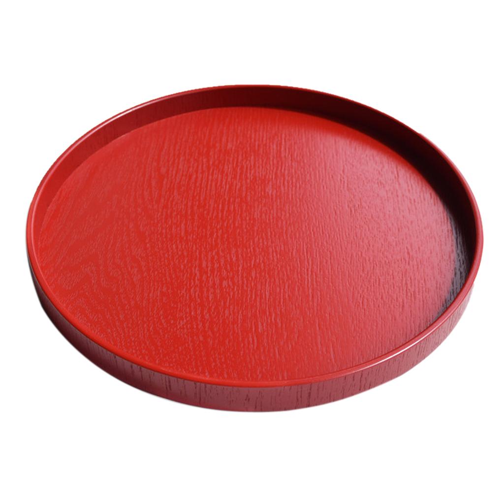 2x Round Wooden Plate Food Snack Serving Trays Salad Bowl Platter Red