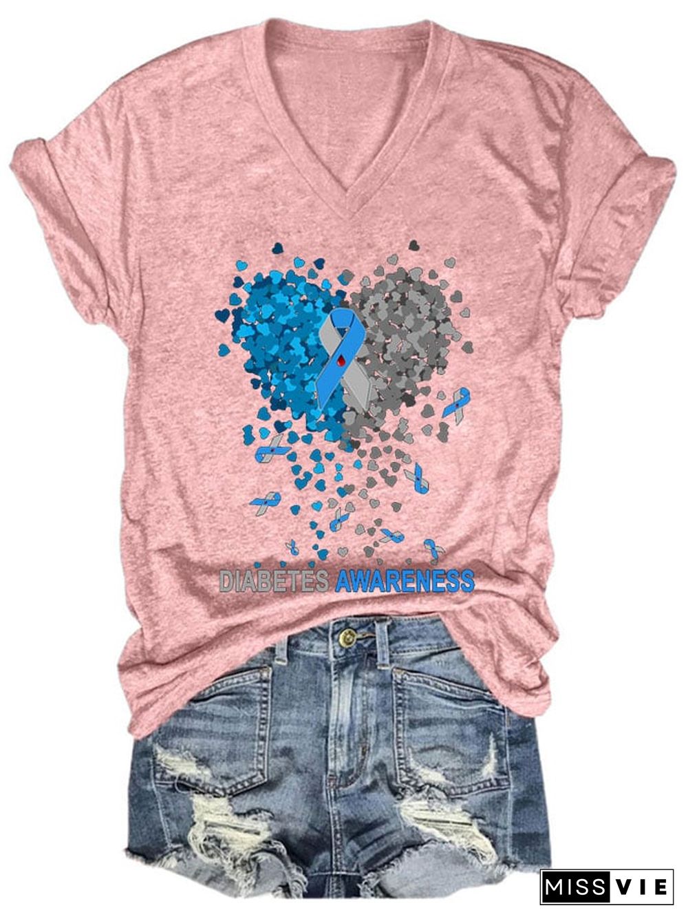 Women's Casual Diabetes Awareness Printed Short Sleeve T-Shirt