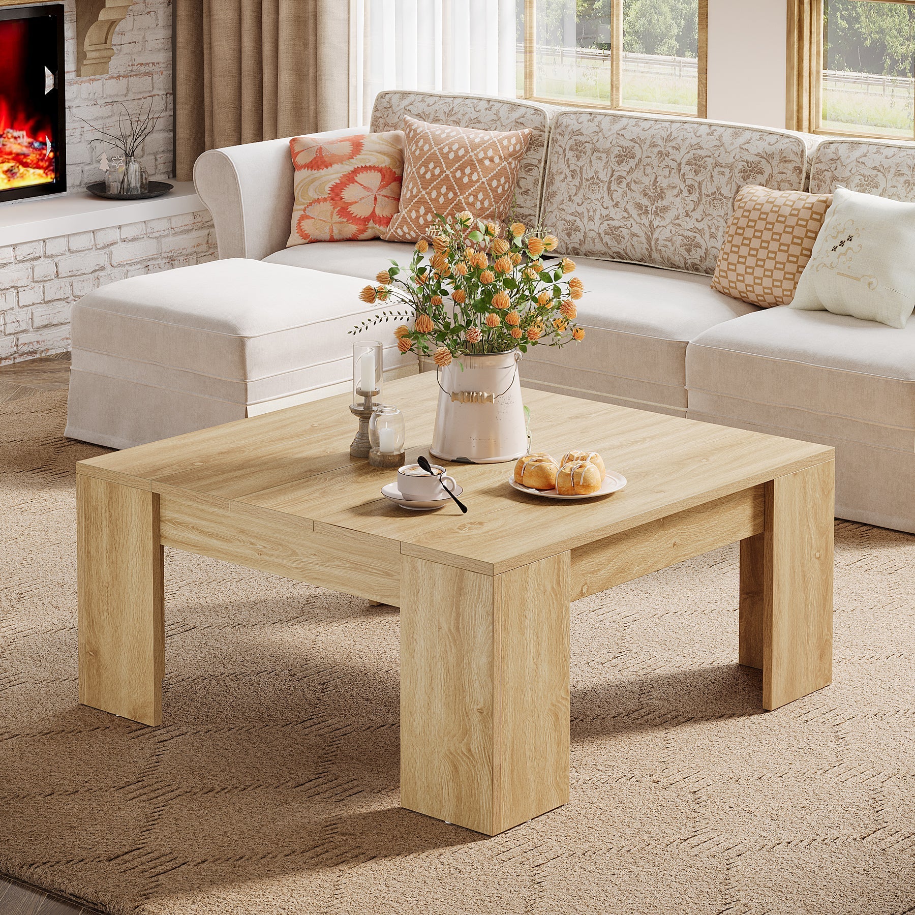 38.8 Square Coffee Table, Wood Center Table Snack Table