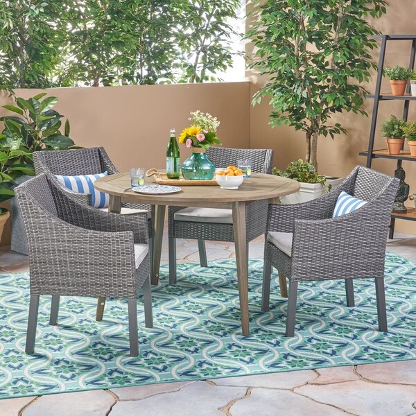 Torrence Outdoor 5 Piece Wood and Wicker Dining Set