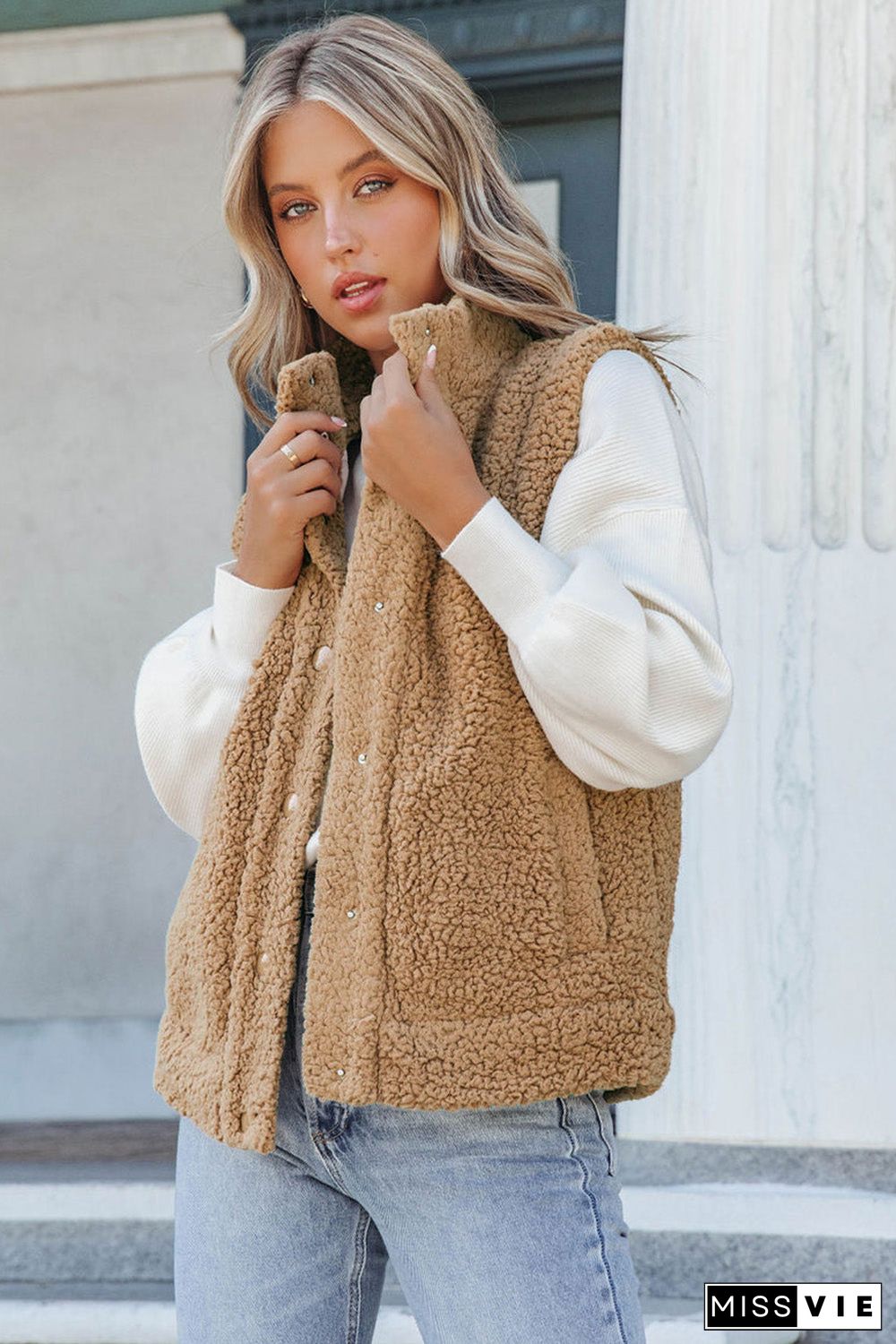 Snap Button Pocketed Sherpa Vest Jacket