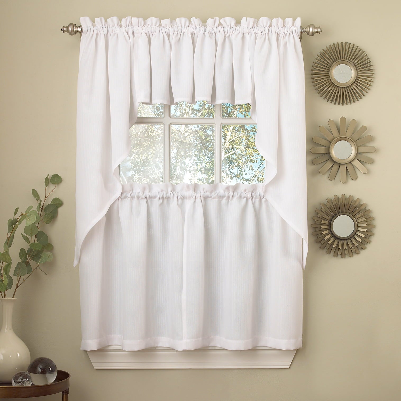 White Solid Opaque Ribcord Kitchen Curtains Choice of Tiers Valance or Swag