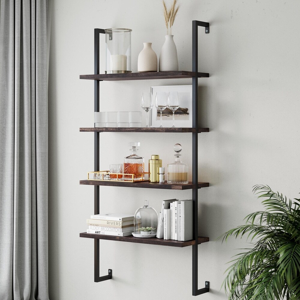 Nathan James Theo 4 Shelf Bookcase Floating Wall Mount Natural Wood Industrial Pipe Metal Frame