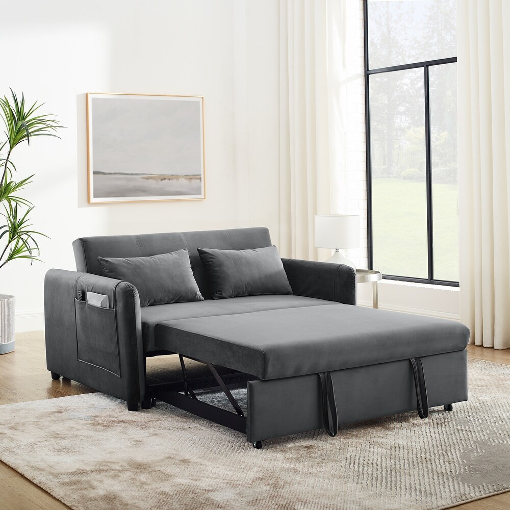 Velvet Upholstered Pull out Sleeper Sofa Convertible Sofa Bed with Adjustable Backrest  Lumbar Pillows and Side Pockets