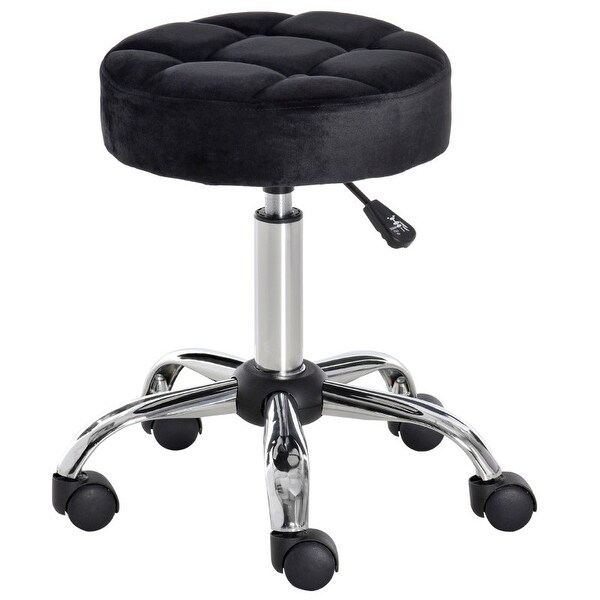 Black Button Tufted Adjustable Rolling Massage Swivel Salon Stool - 13.75 in D x 19.25 in - 24 in H