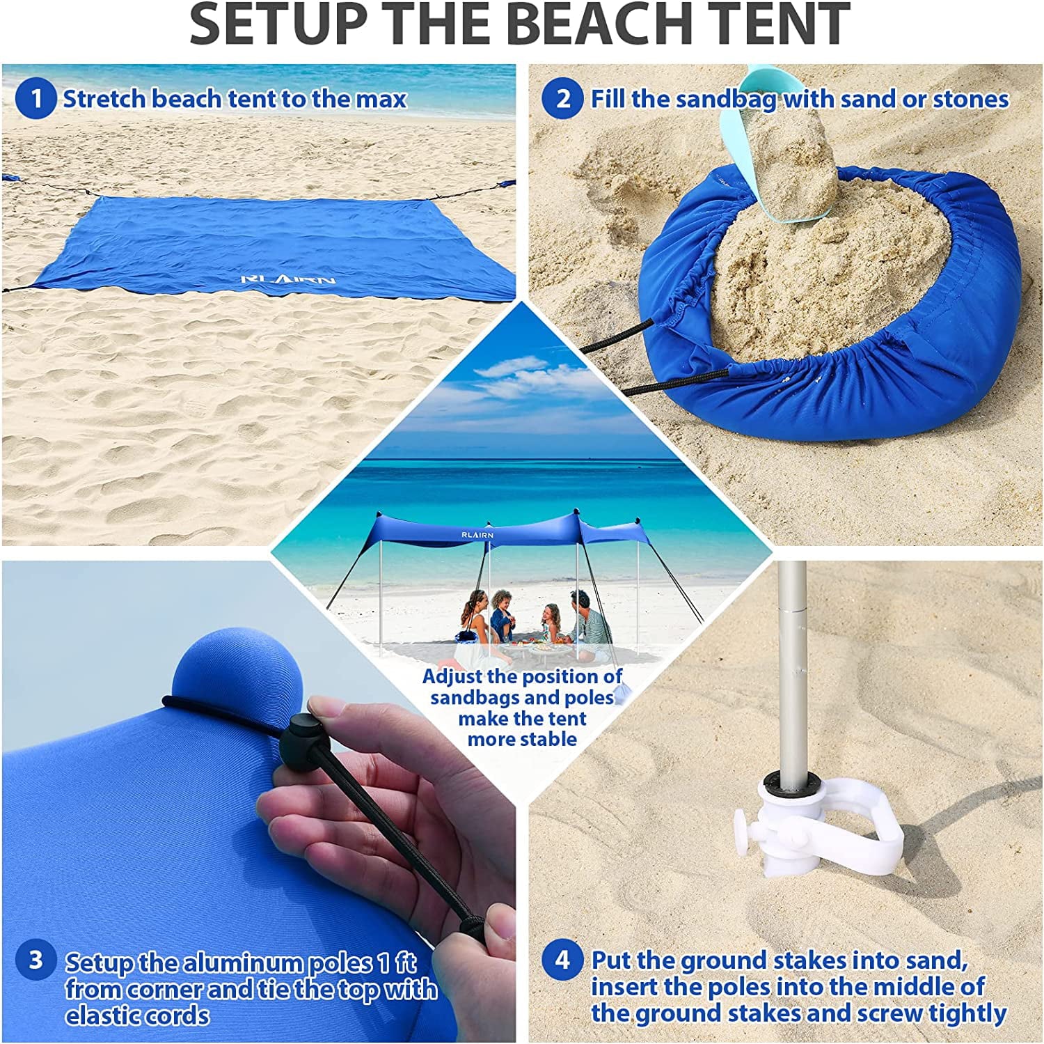 RLAIRN 10 x 10 ft Pop up Beach Tent Sun Shelter， UPF50+ Rain Resistant Beach Canopy Tent Gazebo Shade with 4 Foldable Poles， Sand Bag， Sand Shovel and Carry Bag for Beach and Backyard，Deep Blue