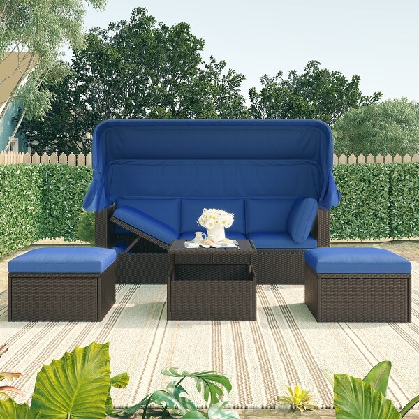 Roomfitters Outdoor Patio Rectangle Daybed with Retractable Canopy，Wicker Sectional Seating with Washable Cushions