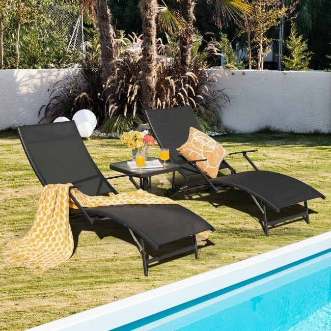 2 Pieces Patio Folding Stackable Lounge Chair Chaise with Armrest Black   67\