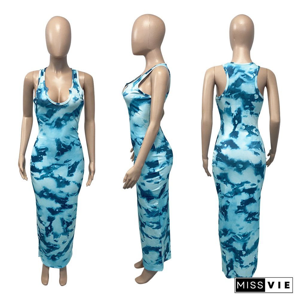 Women Summer Fashion Tie Dye Print V-neck Sleeveless Sexy Night Party Bodycon Long Dresses