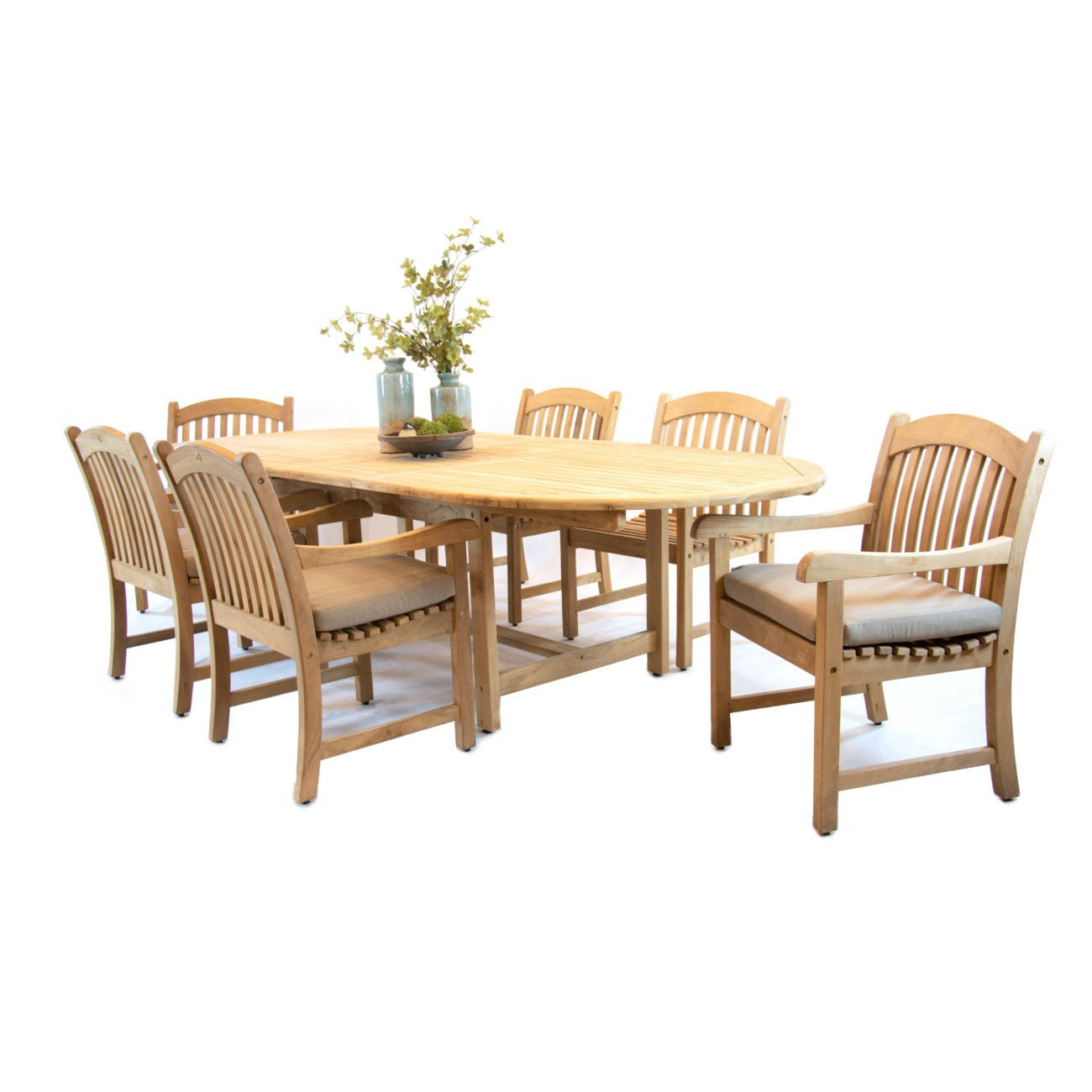 Harbour Teak Outdoor Dining Set (Teak Extendable Oval Table 71-95 with 6 Teak Tista Armchairs +FREE Cushions)