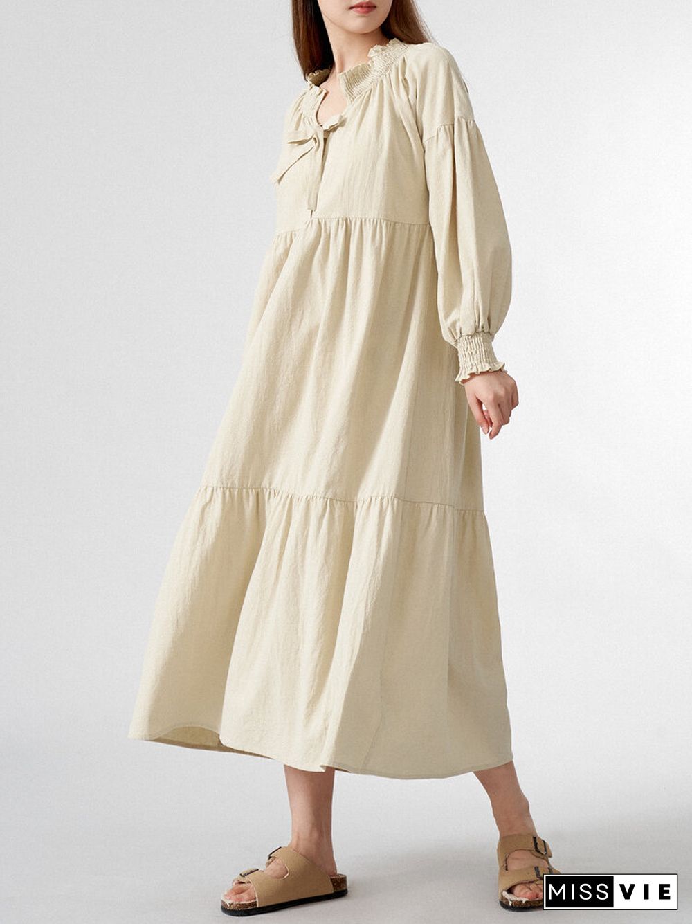 Solid Shirred Long Sleeve Tie Front V-neck Loose Dress