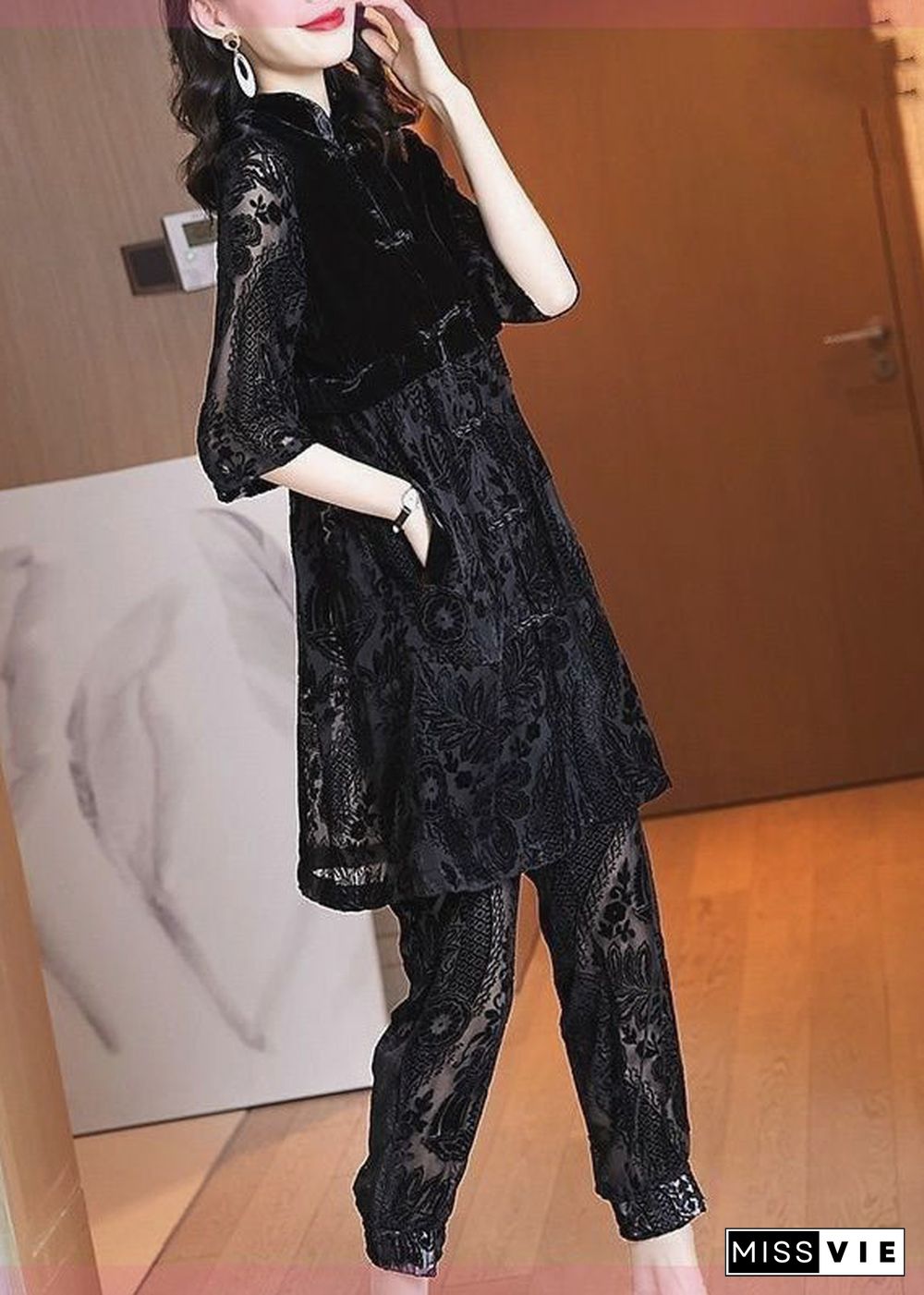 Chinese Style Black Stand Collar Asymmetrical Lace Dress And Crop Pants Two Piece Set Fall