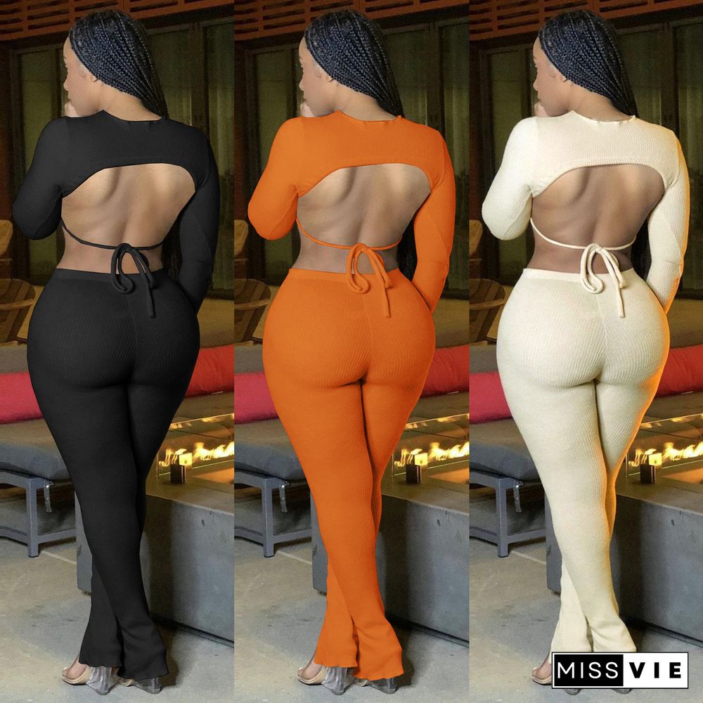 Autumn Women Fashion Solid Color Long Sleeve O-Neck Backless Crop Tops Pencil Pants 2 Piece Set