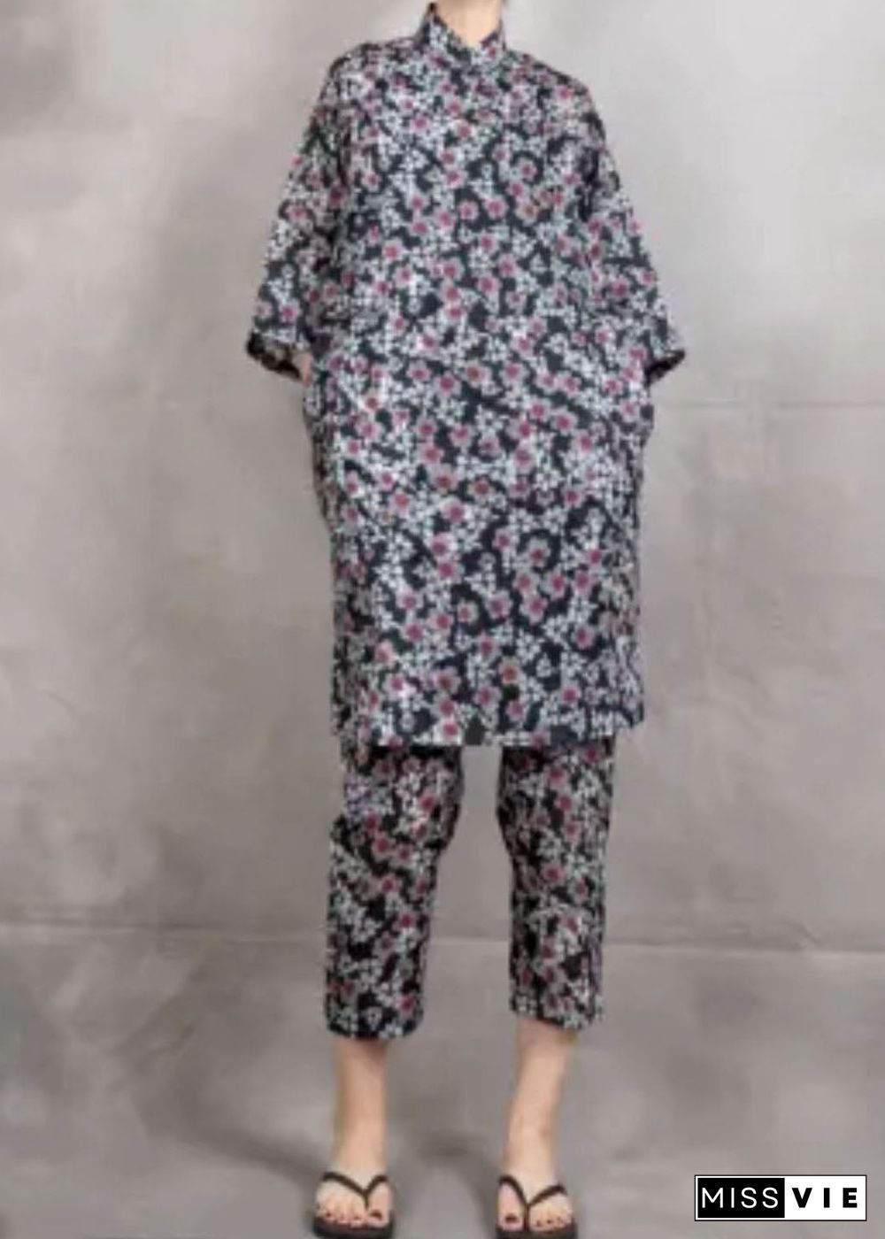 Chinese Style Black Print Tops And Pants Linen Two Pieces Set Summer