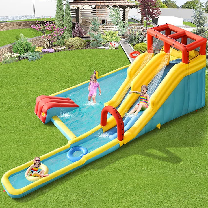 Lakecy Inflatable Water Slide, 7 in 1 Giant Water Park Double Long Slide for Outdoor Fun w/735W Blower