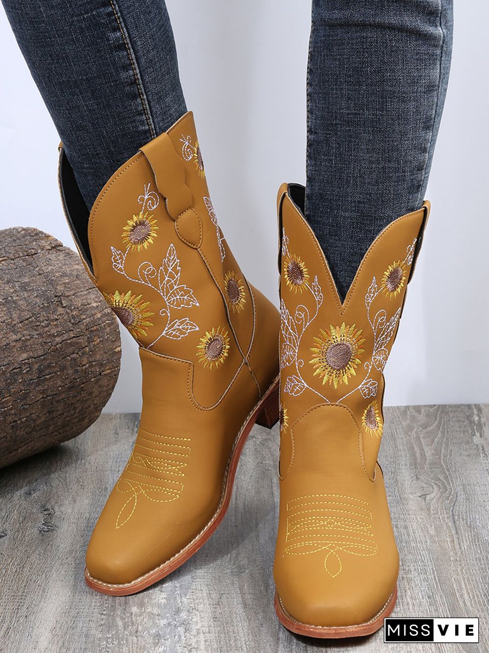 Sunflower Embroidery Boho Cowboy Boots