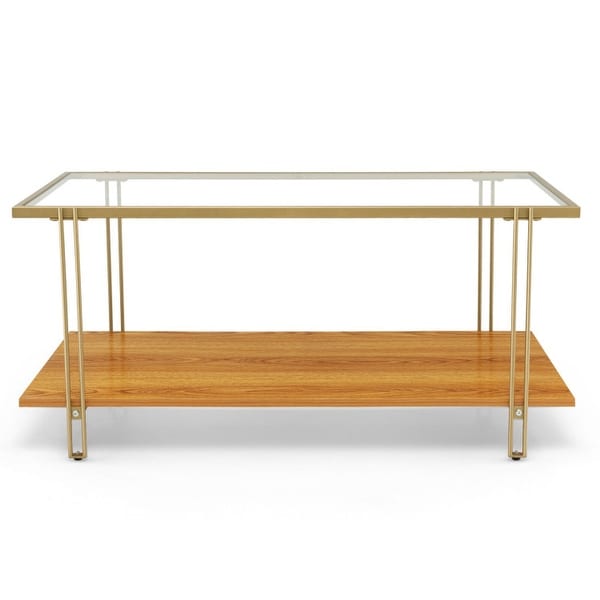 2 Tiers Rectangle Glass Coffee Table with White and Gold Steel Frame-Golden - 39.5