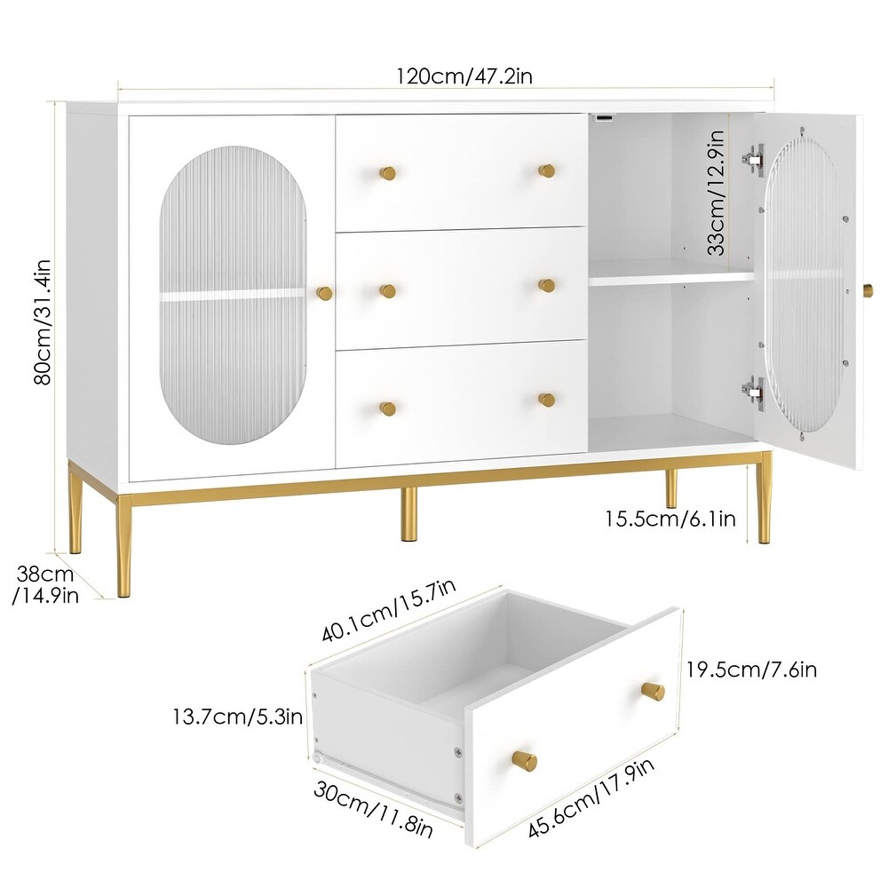 Dresser  Large White Dresser with Fluted Glass Doors and Gold Metal Legs  White Dresser for Bedroom  Modern Dresser Gold Dresser