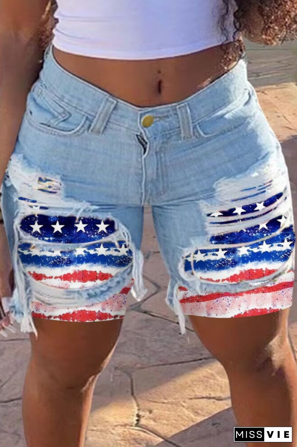 Casual Patchwork Ripped Mid Waist Skinny Denim Shorts