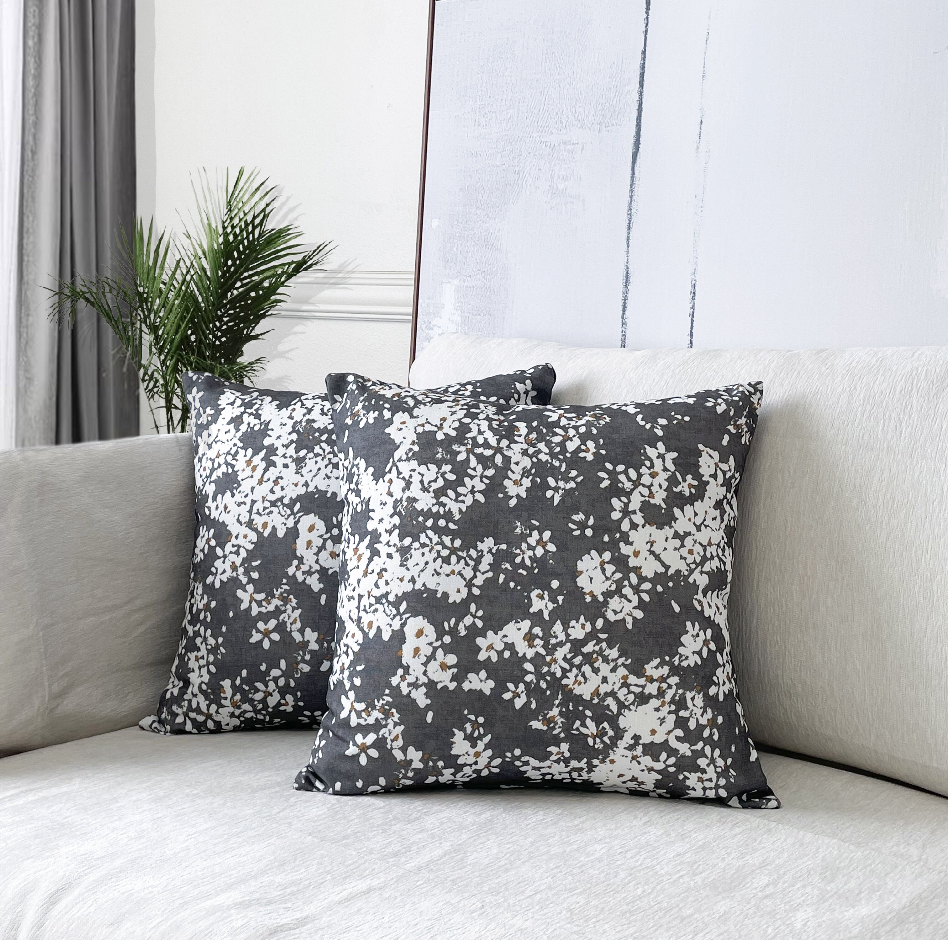 Aiking Set of 2 Printed 18 x 18 inch Decorative Throw Pillow Covers， Blooms Steel Grey