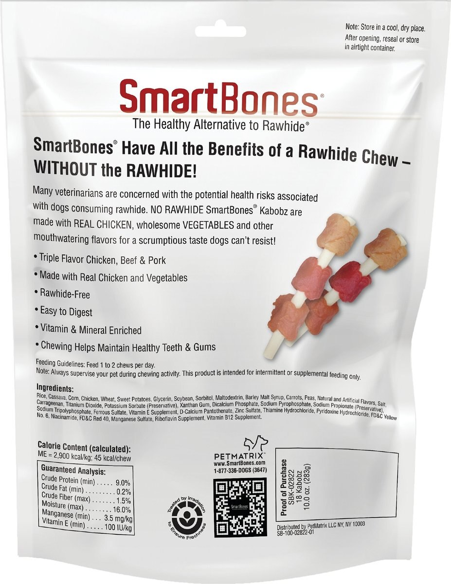 SmartBones Smart Kabobz Dog Triple Meat Flavor Dog Treats， 18 count